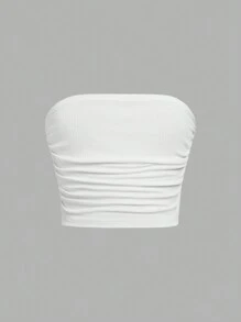 SHEIN Girlism Tween 女童白色时尚简约舒适褶皱亲肤防滑露肩抹胸