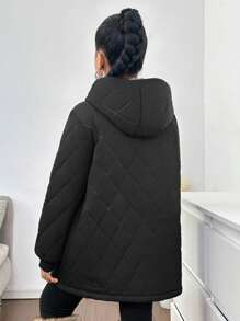 Tween Girl 绗缝钻石图案加垫保暖连帽中长款厚夹克，休闲外套