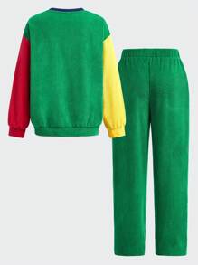 SHEIN 2pcs/Set Tween Boys American Style Casual Contrast Color Corduroy Crew Neck Long Sleeve Top And Corduroy Pants, Suitable For Autumn And Winter