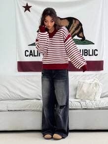 Flirla V-Ausschnitt lässiger farbblockiger gestreifter loser Strickpullover für Frauen