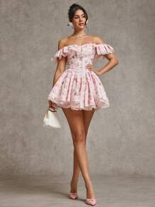 SHEIN BAE 秋冬纯粉色和碎花露肩荷叶边蕾丝拼布连衣裙，公主风格适合鸡尾酒会、浪漫约会、分层针织衫、派对、正式场合、伴娘、万圣节、圣诞节