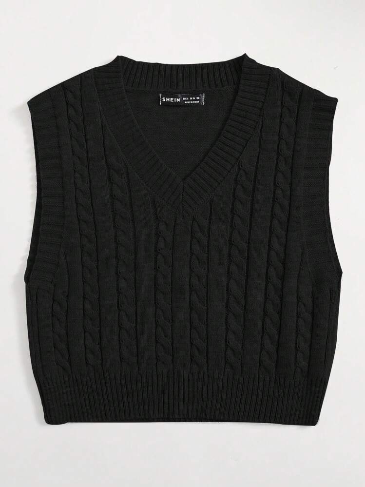 EMERY ROSE Cable Knit Sweater Vest - Black - View 3