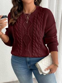 Calvaya Suéter de punto casual de cuello redondo de manga larga de unicolor de talla grande, tejido de punto, para otoño e invierno - Burdeos - Ver 7