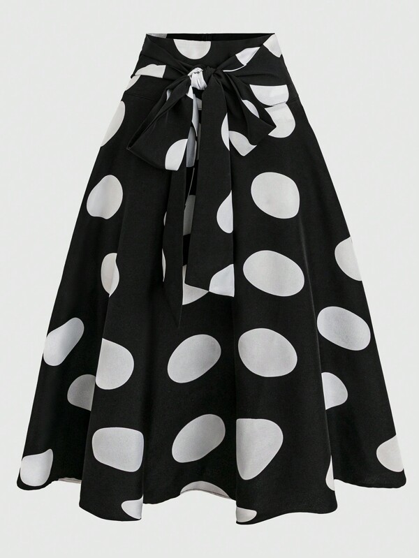 SHEIN Unity Women's Elegant Polka Dot Print Tie-Waist A-Line Mid Skirt, Autumn