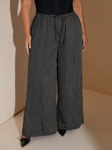 SHEIN BAE 大码秋季优雅外出性感女式蓝白条纹低腰抽绳宽松直筒阔腿裤连衣裙裤教师裤工作裤优雅女装大码工作裤女士长裤休闲裤大码大码裤子秋季穿搭大码裤子曲线裤Y2K裤子秋冬曲线阔腿裤女式办公室服装女式曲线秋季商务休闲女式工作服女式曲线