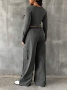 SHEIN EZwear 2pcs/Set Casual Gray T-Shirt And Cargo Pants For Plus Size, Spring Autumn - Grey - View 6