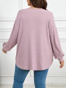 SHEIN LUNE Áo thun tay dài gân màu trơn cỡ lớn dành cho nữ, thường ngày mừng năm mới, phụ nữ nhiệt tình trong ngày lễ Tạ ơn - Bụi tím - Xem 2