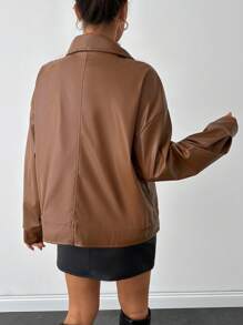 EURMUSE PU Leather Stylish Hidden-Fly Detailed Women's Jacket - Brown - View 2