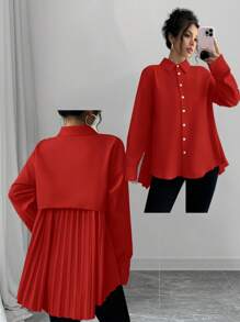 Chiquease 女式杏色卡其色拼布原创设计弧形褶皱不对称飘逸休闲宽松宝宝领衬衫领长袖上衣新年衣服 - 紅色 - 查看 8