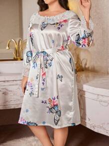 LuxeNights Camisón de manga larga de talla grande con estampado de mariposas y flores, con aplicaciones de encaje