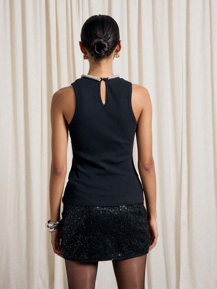 Ribbed Tank Top With Embellished Detail On Neck