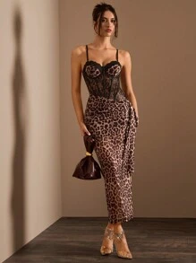 Glamine Sexy Elegant Lace & Leopard Print Asymmetric Waist See-Through Fish Bone Crinkle Detail One-Sided Strap Long Dress For Women Maxi Women Outfit
