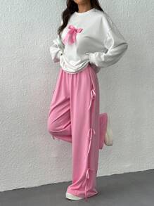 SHEIN EZwear 2pcs Women Bow Decor Simple Round Neck Long Sleeve Top And Pants Set - Pink - View 6