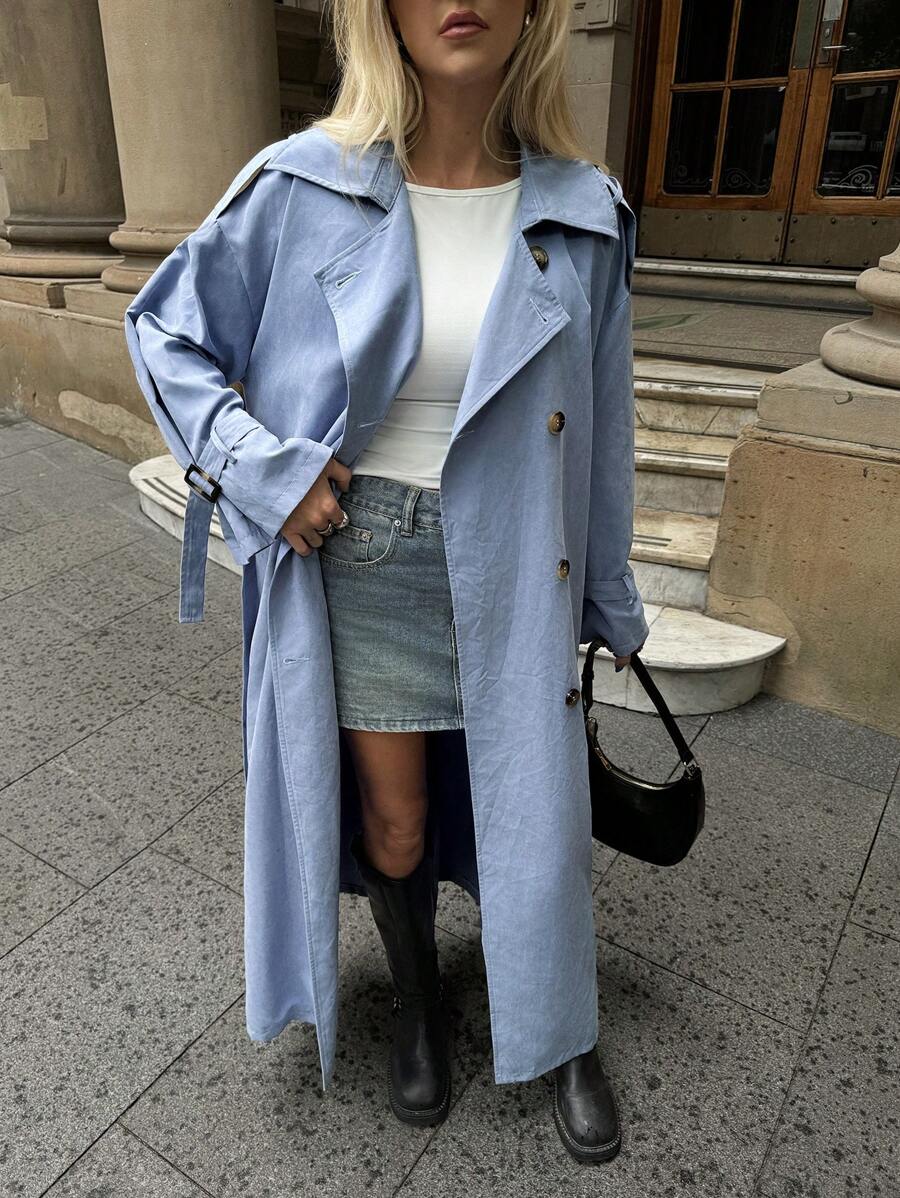 Forever 21 秋冬女式蓝色风衣/Y2K/优雅/蓝色长袖/圣诞节/新年/节日派对女式外套/节日/新年/宽松外套/节日女式/圣诞外套/新年夜/A字型/派对蓝色外套/长袖外套 - 藍色 - 查看 1