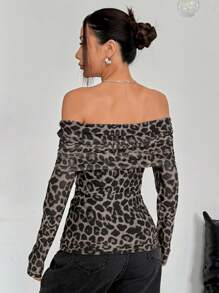 SHEIN EZwear Women's Leopard Print Mesh Off-The-Shoulder Pleated Long-Sleeved T-Shirt - Brown - View 2