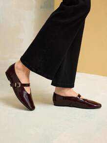 MOTF PREMIUM WOMEN'S COMMUTER CASUAL COMFORTABLE VERSATILE MARY JANE SQUARE TOE FLATS, FOR NEW YEAR HOLIDAY, SPRING SHOES SPRING BREAK EASTER FOR CHRISTMAS SPRING SHOES - Burgundy - View 3