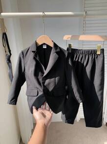 SHEIN Leap Crew Young Boy Solid Color Lapel Neck Single-Breasted Long Sleeve Jacket & Pants Casual Gentleman Suit Set, Autumn - Black - View 4