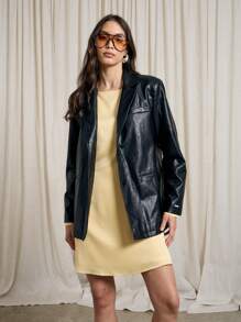 AiiRZ Faux Patent Leather Oversized Single Button Winter Fall Blazer Jacket Lapel Collar Evening Party Business Office Wear