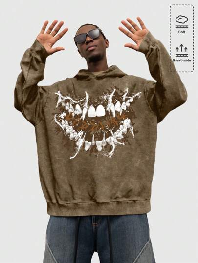 Street Life Men's Autumn Tooth Print Long Sleeve Casual Brushed Fleece Hooded Sweatshirt