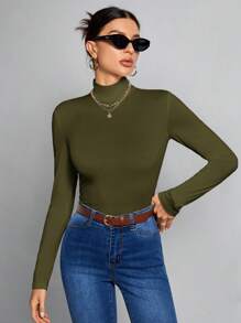 SHEIN Tall Atasan Putih Polos Sederhana dengan Kerah Tinggi, Cocok untuk Musim Gugur dan Musim Dingin, untuk Wanita Tinggi - Hijau Tentara - View 6