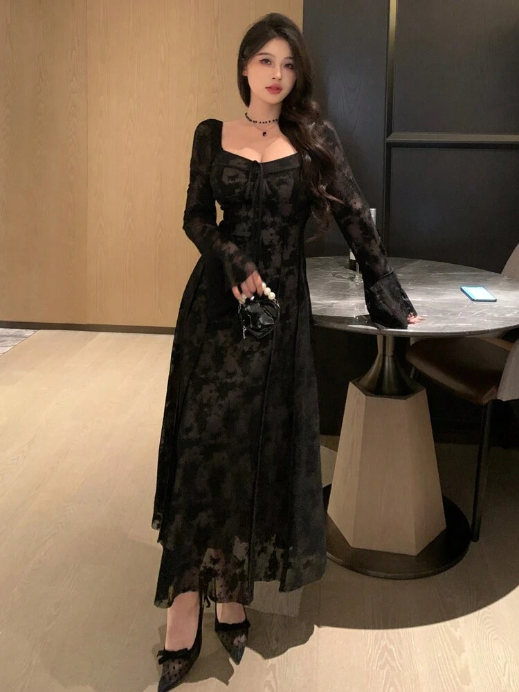 Women's Spring/Summer Lace Mid-Calf Party Dress Elegant, Ruffle Fall, Winter Dress
