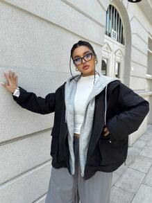 Flirla Hooded Casual Collegiate Style Minimalist Windbreaker Jacket - Black and White - View 5