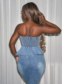 Slaydiva 女士休闲水洗短款抹胸牛仔衬衫