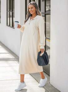 SHEIN LUNE 女士秋冬长袖连帽半襟纽扣长连衣裙 - 卡其色 - 查看 1