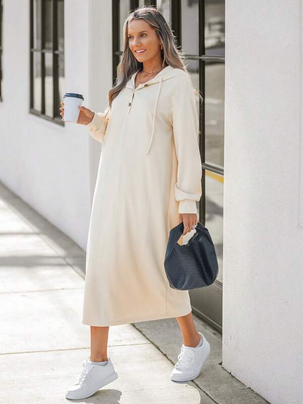 Wildy Women's Autumn/Winter Long Sleeve Hooded Half Placket Button Long Dress,Knit Dress