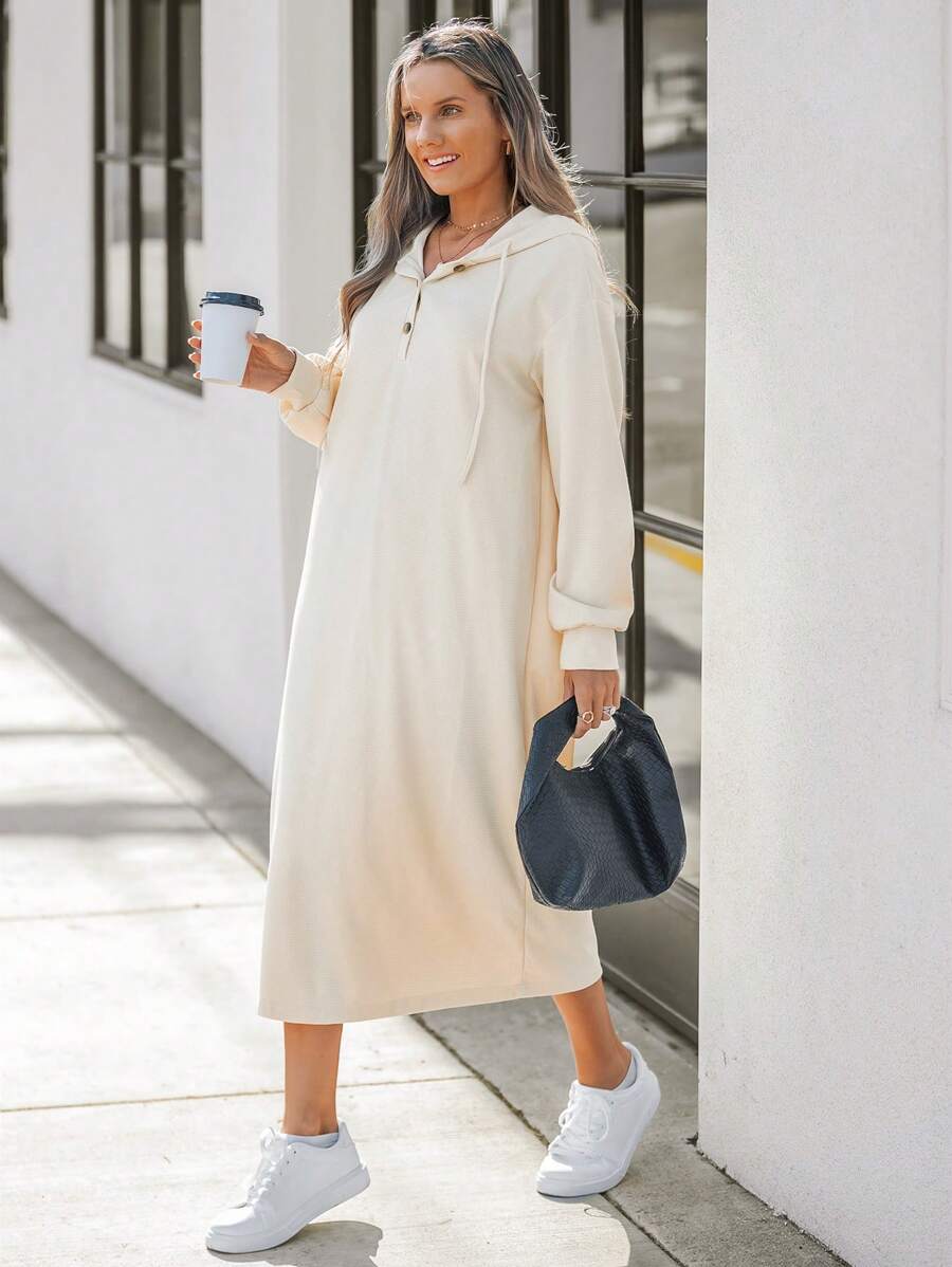 SHEIN LUNE 女士秋冬长袖连帽半襟纽扣长连衣裙 - 卡其色 - 查看 1