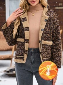 SHEIN LUNE 女式纯色拼布前扣长袖口袋休闲夹克 - 棕色 - 查看 1