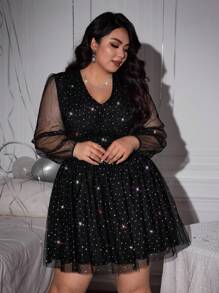 SHEIN Privé 大码女式黑色亮片撞色网眼拼接连衣裙