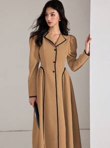 Heiryn Women's Single Breasted Bubble Sleeve Elegant Long Dress For Autumn - Brown - View 3