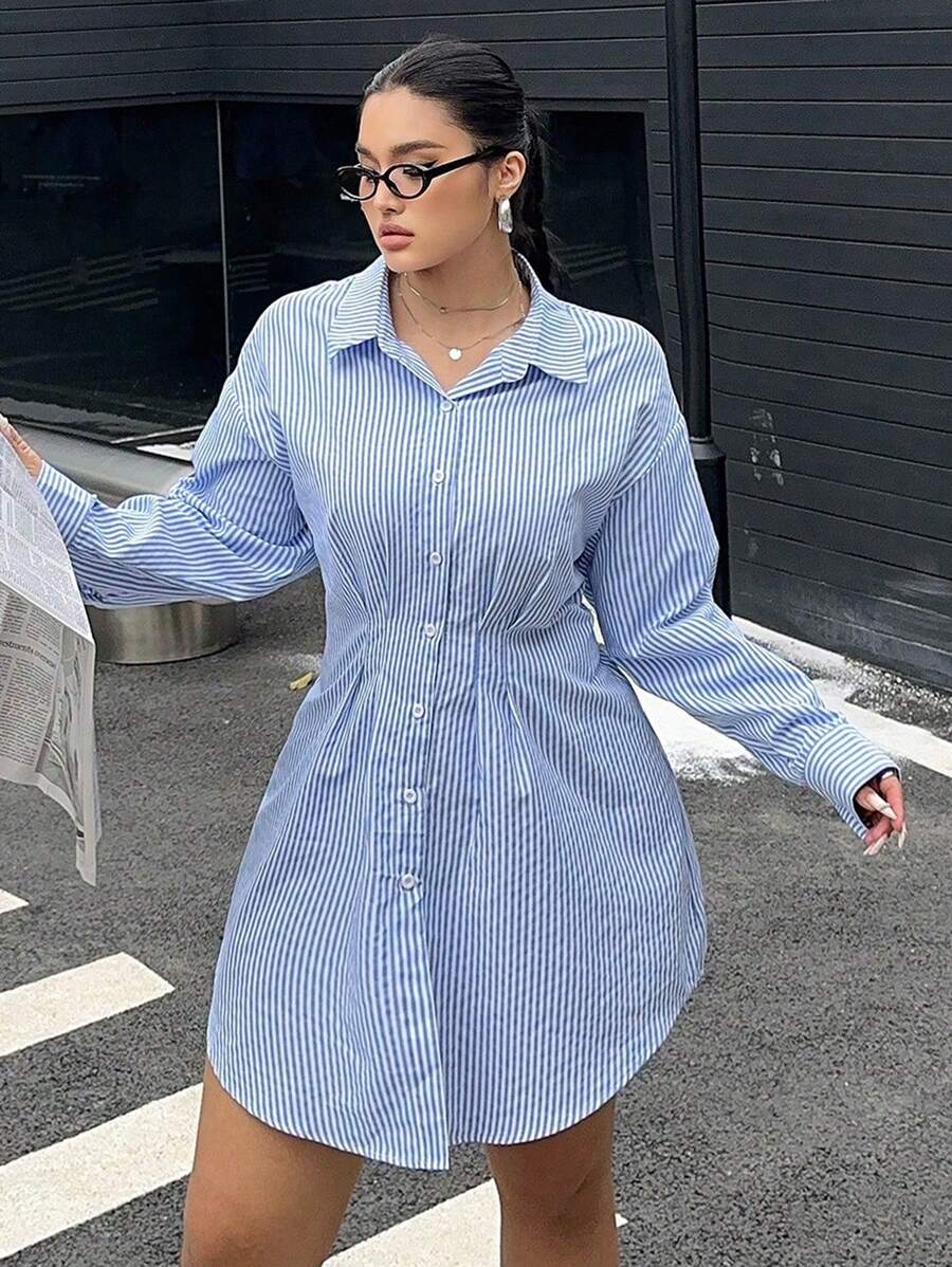 Flirla 休闲条纹腰部荷叶边收腰长袖迷你连衣裙 - 藍色 - 查看 1