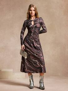SHEIN Unity Women's Knitted Geo-Patterned Long Dress Maxi Women Outfit - Brown - View 3