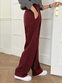 DAZY 女士简约百褶办公休闲西裤，返校季商务装 - 酒紅色 - 查看 2