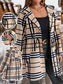 EMERY ROSE Plus Size Women Plaid Drawstring Waist Zip Up Casual Hooded Jacket, Coat Women Fall Autumn,Spring - Multicolor - View 2