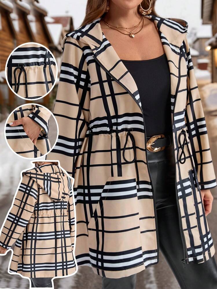 Veste à capuche décontractée pour femme grande taille, taille à cordon de serrage et fermeture éclair, manteau d'hiver pour femme