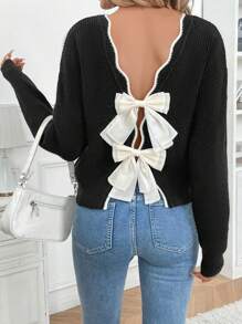 SHEIN Frenchy Women's Bow Decor Minimalist Long Sleeve Sweater, Casual Everyday Wear Winter Outfits Sweater Winter Women Clothes Girl Bow Sweaterteen Bow Sweater - Black - View 4