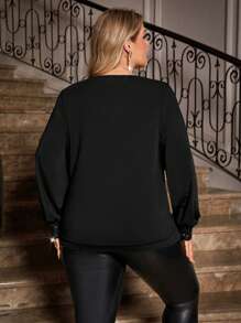 SHEIN Clasi Women Plus Size Draped Front Tops Sequin Patchwork Long Sleeve Slim Tunic Tops - Black - View 2