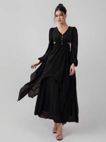 SHEIN Belle Women Elegant Woven Black Hollow Bodycon Long Sleeve Pearl Button Closure Long Dress, Semi Formal Prom Dress, For Birthday, Wedding Guest, Graduation Homecoming - Black - View 1