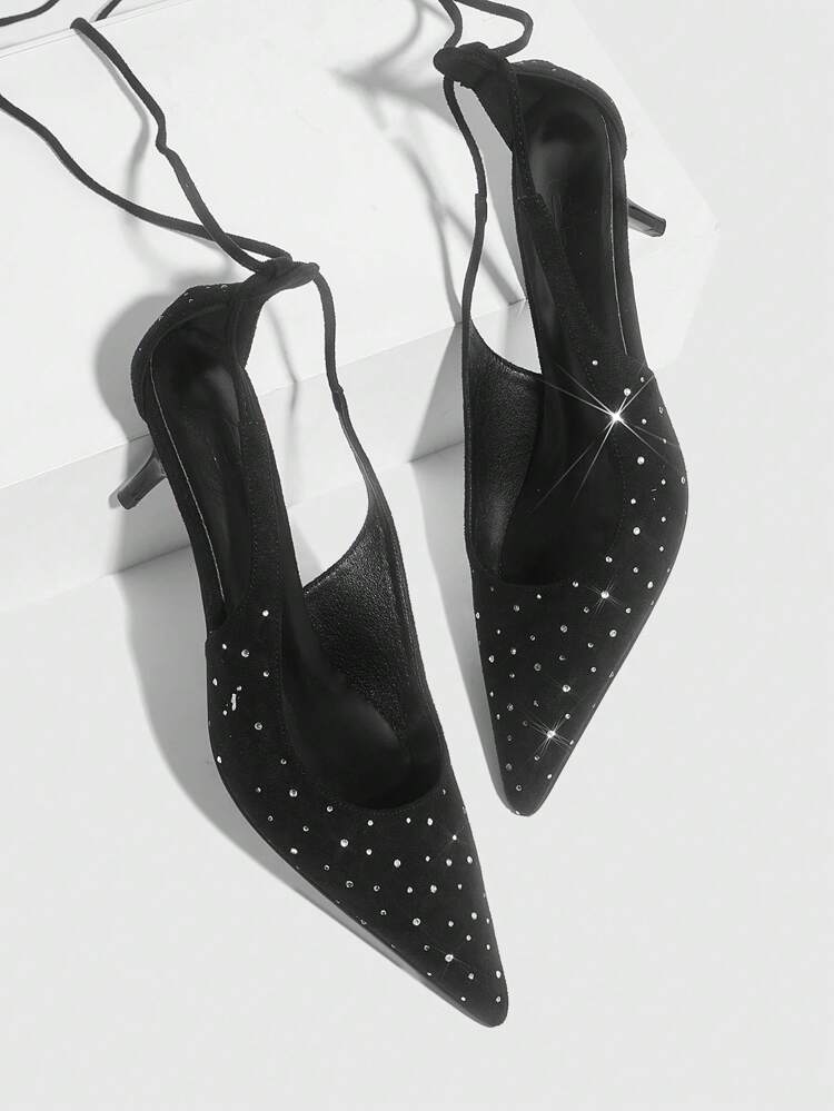 CUCCOO SZL 1 Pair Pointed Toe Low Heel Black Suede + Rhinestone Decor Pointed Toe Elegant Party High Heel Pumps For Women Spring Shoes Spring Break Easter Prom Heels