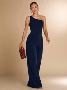 SHEIN BAE 女士纯黑色和黑白露肩紧身连体裤，带 3D 花卉装饰，优雅适合鸡尾酒会、浪漫约会、秋冬打底衫、派对、万圣节、圣诞节优雅女士外出装，不对称肩部连体裤，阔腿连体裤，适合休闲约会、派对、秋季活动女士夏季服装/春季服装/情人节服装/狂欢节/海滩度假服装 - 藏蓝色 - 查看 3