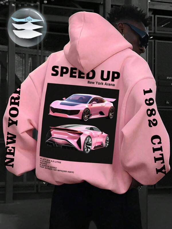Teen Boy Fashion Sports Car & Letter Print Casual Loose Hooded Sweatshirt