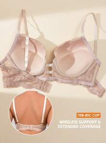 1pc Women's Lace Front Hook Closure Wire Lingerie Bra - Apricot - View 4