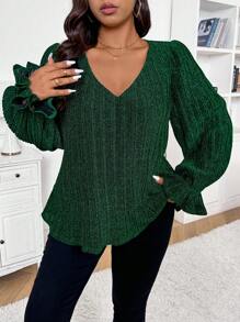 SHEIN Frenchy Plus Size Green V-Neck Glitter Embellished Party Shirt, Long Sleeve
