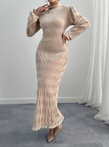 RueChic Textured Long Line, Turtle Neck Velvet Dress - Beige - View 3