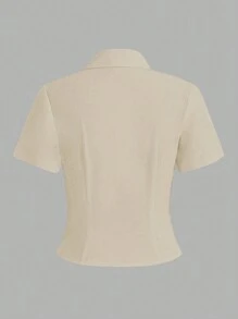 Flirla Women's Solid Color Short Sleeve Pleated Single-Breasted Casual Shirt