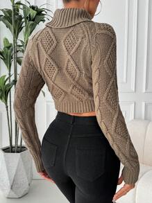 Chiquease Women's Solid Color High Neck Raglan Sleeve Cropped Casual Sweater, Autumn/Winter Knit Pullover Fall - Mocha Brown - View 2