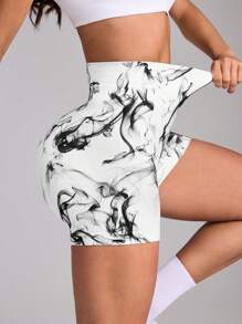 SHEIN Allover Print Seamless High Waist Tight Sports Shorts For Summer - Multicolor - View 5